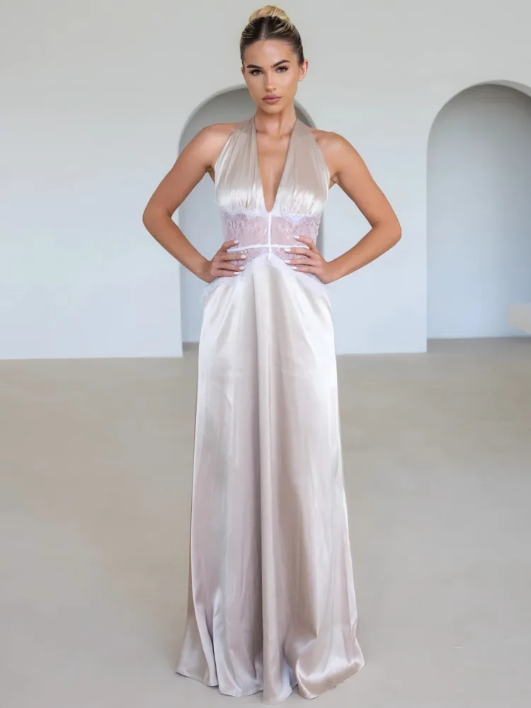 Arctic Cat Elegantแขวนคอซาตินลูกไม้Patchworkชุดผู้หญิงเซ็กซี่ลึกV Backless Bodycon Partyชุดราตรี 2025 ฤดูร้อน