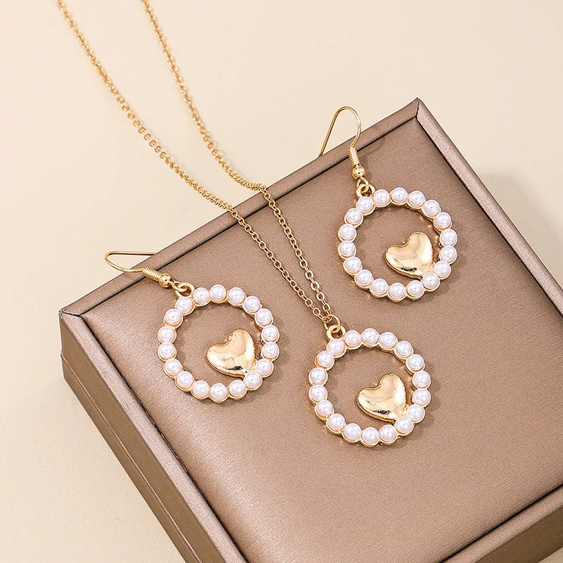 Jewelry Set For Women Necklace Earring Pearl Heart Wedding Reservation Party Gift Fashion CS010