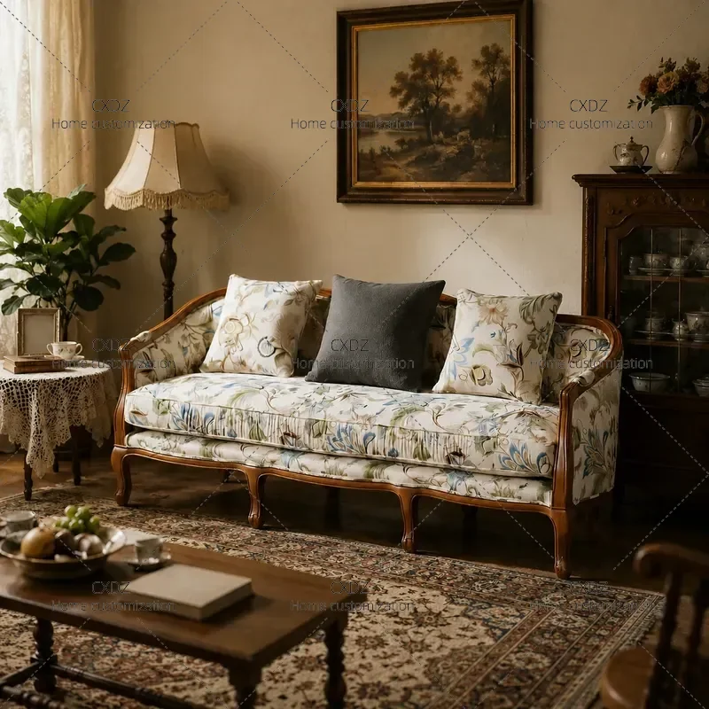 Solid Wood Fabric Sofa Living Room Balcony Bedroom Leisure Chair Retro Pastoral Single Double Three Seater