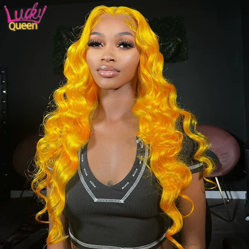 Wig cerah Lemon kuning 30 inci gelombang tubuh renda transparan Wig depan pra pencabutan rambut Remy 13X4 13X6 Wig Frontal untuk wanita