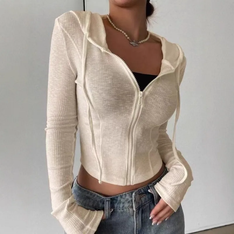Women's Spring Autumn Knitwear Fashionable Cardigan Casual Sports Soild Slim Fit Sweatshirt Long Sleeve Zipper Hoodie