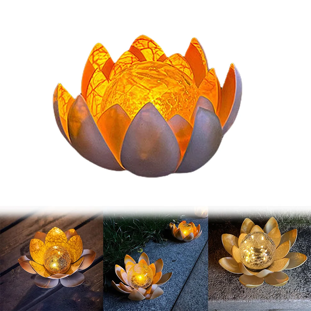 Solar Powered Lotus Cracked Glass Ball Lamp 600mAh Decorative Cracked Ball Lotus Light Auto On Garden Art Decoration