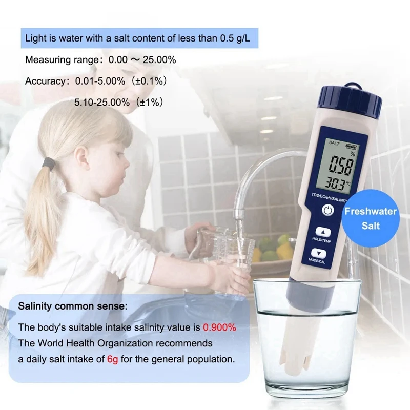 5 In 1 TDS/EC/PH/Salinity/Temperature Meter Digital Water Quality Monitor Tester For Pools, Drinking Water, Aquariums Durable