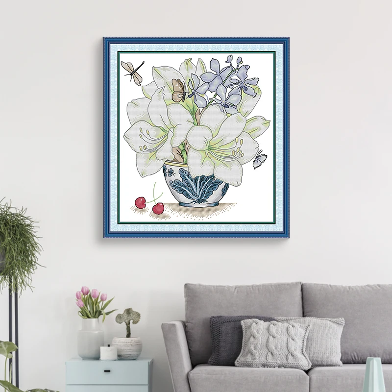 Joy Sunday Cross Stitch Kit Magnolia Liliflora HD Pattern Aida 16/14/11CT Counted Printed Canva DIY Embroidery Kit Home Decor