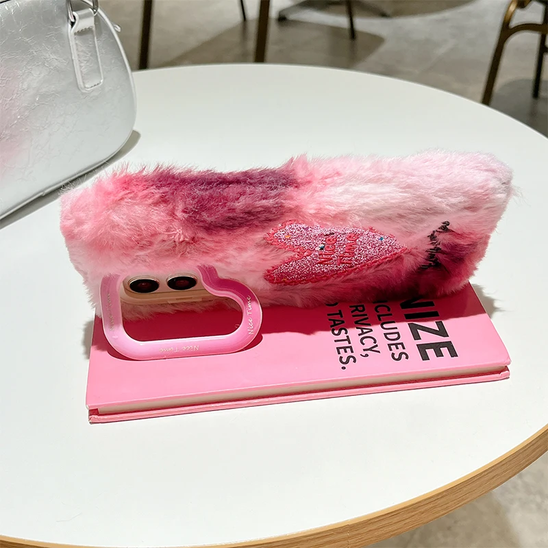 Glitter Luxury Love Plush Warm Embroidery Cover Case For Galaxy S25 S24 Ultra S23 Plus A14 A15 A16 A17 A36 A56 A35 A55 A05S A54