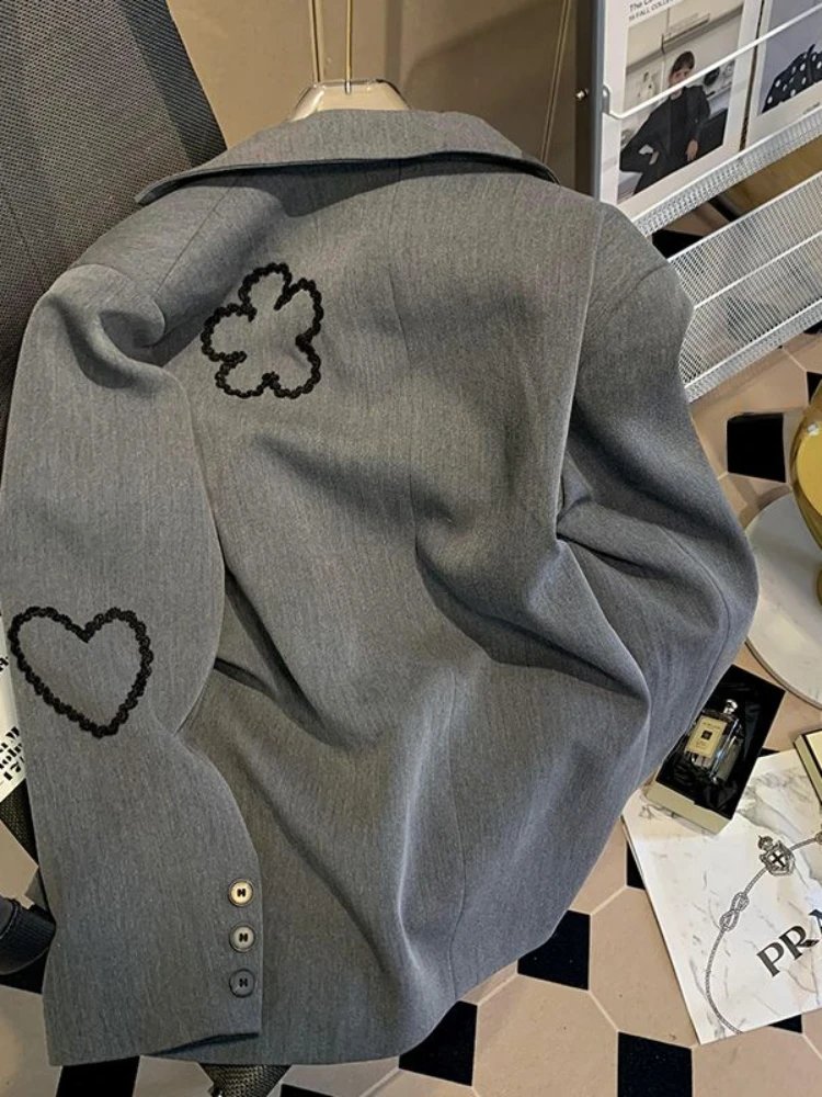 

Темпераментный блейзер для женщин с 3D цветочной кружевной вышивкой, повседневная модная верхняя одежда, свободное корейское пальто De Mujer, офисное женское шикарное новое пальто