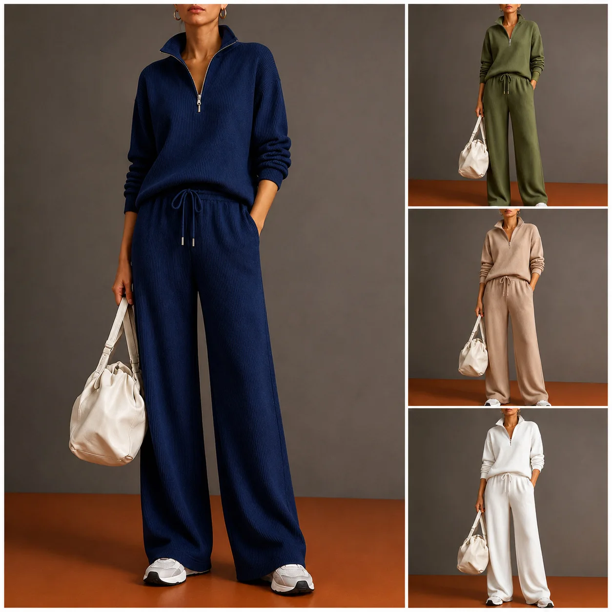 2026 Autumn Winter Ladies Sportswear Set Zipper Wide Leg Pants Halved High Collar Women's Fashion Casual Outfit Ensemble view 2