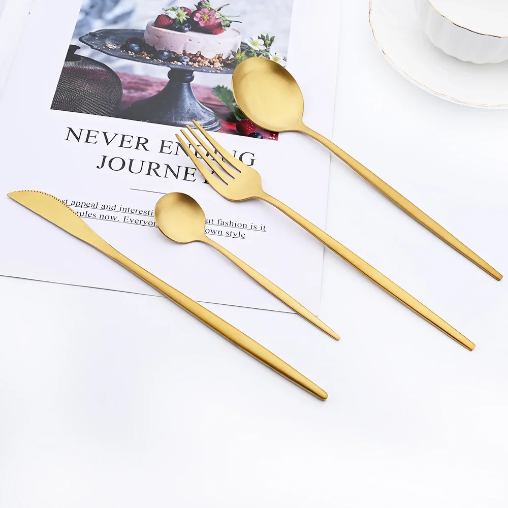 Matte 4Pcs Gold Cutlery Set Dinnerware Set Kitchen Flatware Kniver Forks Spoon Teaspoons Stainless Steel Western Tableware Set