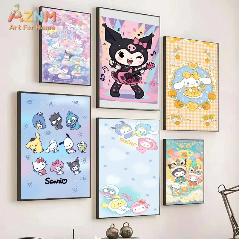 Sanrio Characters Kuromi Cinnamoroll My Melody Canvas Poster Cute Cartoon Print Unframed Canvas Art Rainbow Castle Cloud Sweet