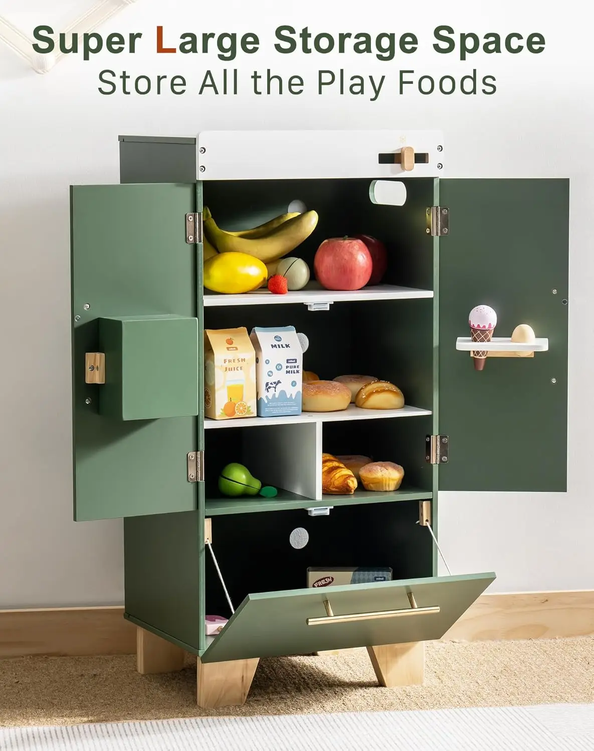 Robotime Wooden Toy Fridge Vintage Green  Play Kitchen Set with Accessories Kitchen Playset Interactive Refrigerator for Kids