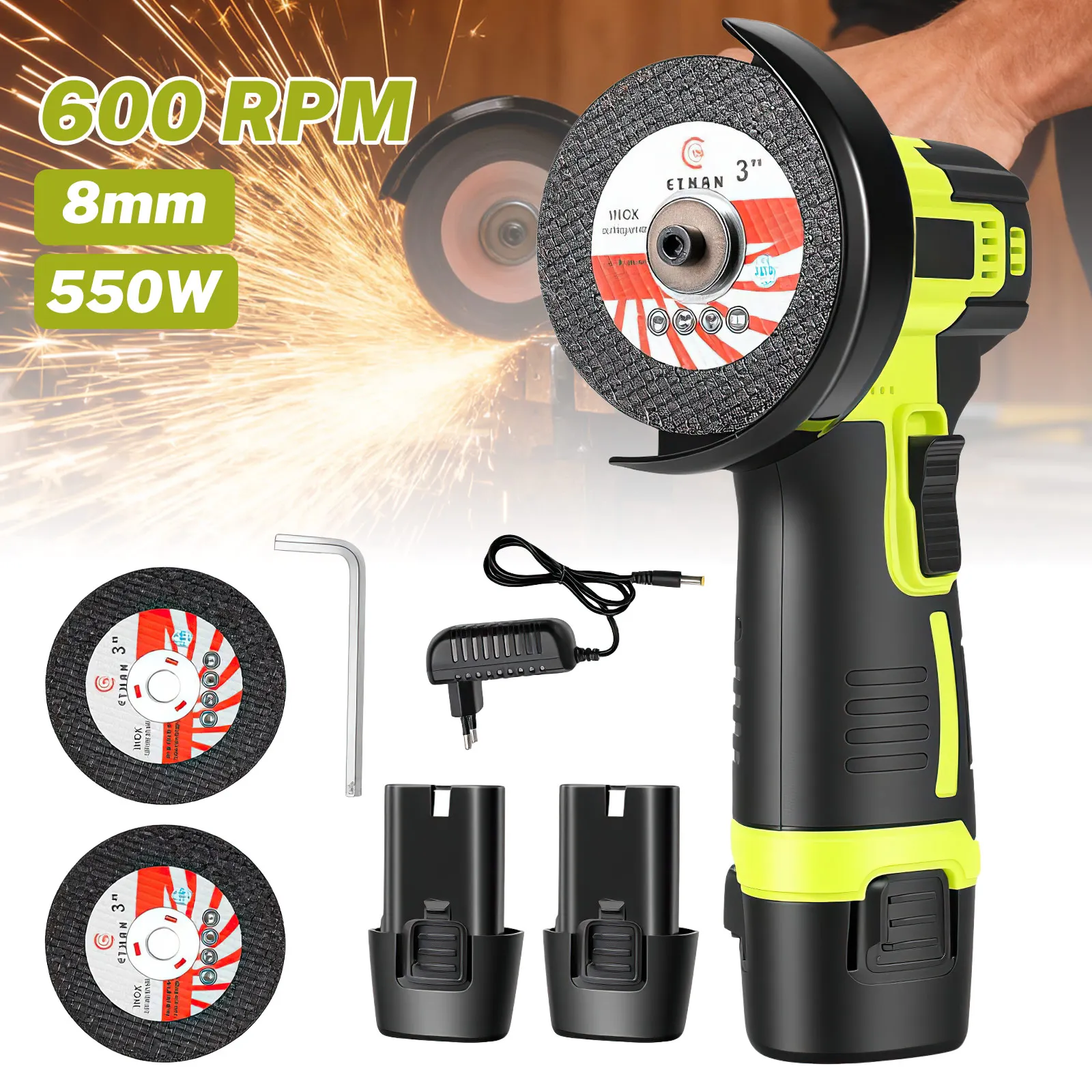 550WBrushedMiniPolisherCordlessLithium-ionHandheldGrinder&SmallCuttingAngleGrinderforHouseholdUse2Batteries&1ChargerIncluded