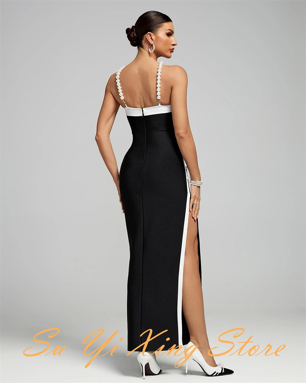 Customized  Delicate Pearls Spaghetti Straps Evening Dress Temperament Side Slit Sheath Party Dress Classic Zipper Back