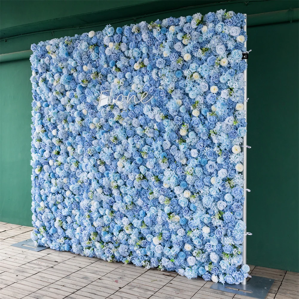 Luxury 8x8ft Blue White Series Rose Peony Cloth Flower Wall for Wedding Background Decoration Event Party Decor Floral Stand