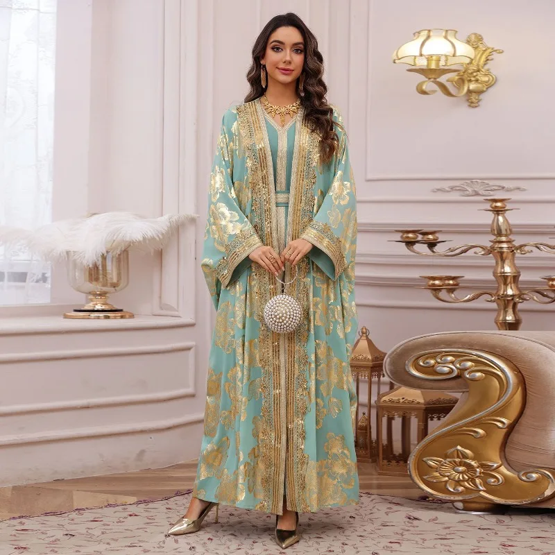 Middle East Gold Embroidered Jalabiya Two Piece Dress Dubai Party Wear Long Robe