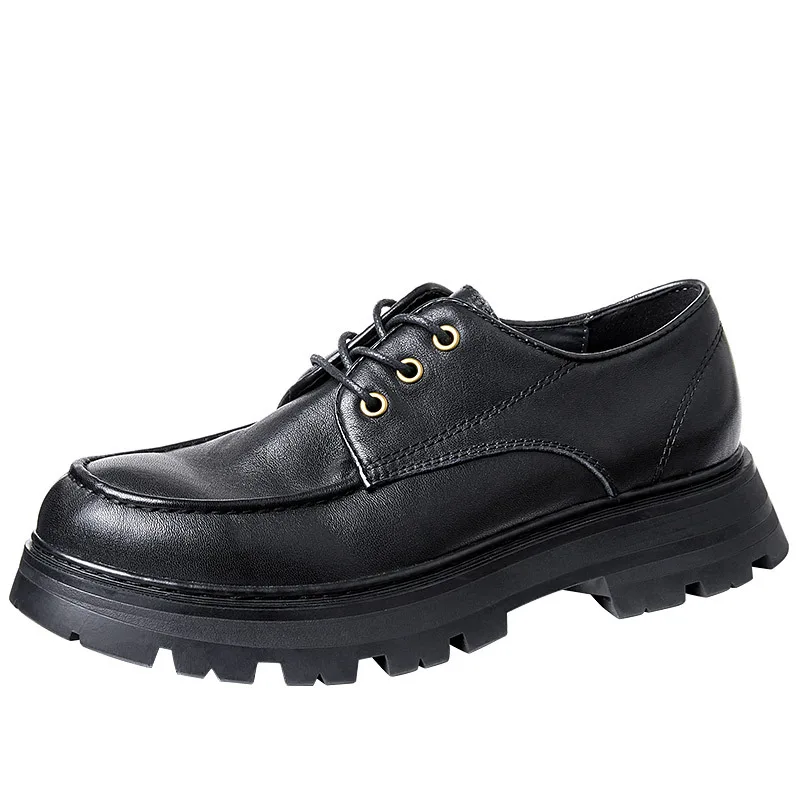 Zapatos de cuero para hombre con aumento de espesor, plataforma de piel de vaca negra