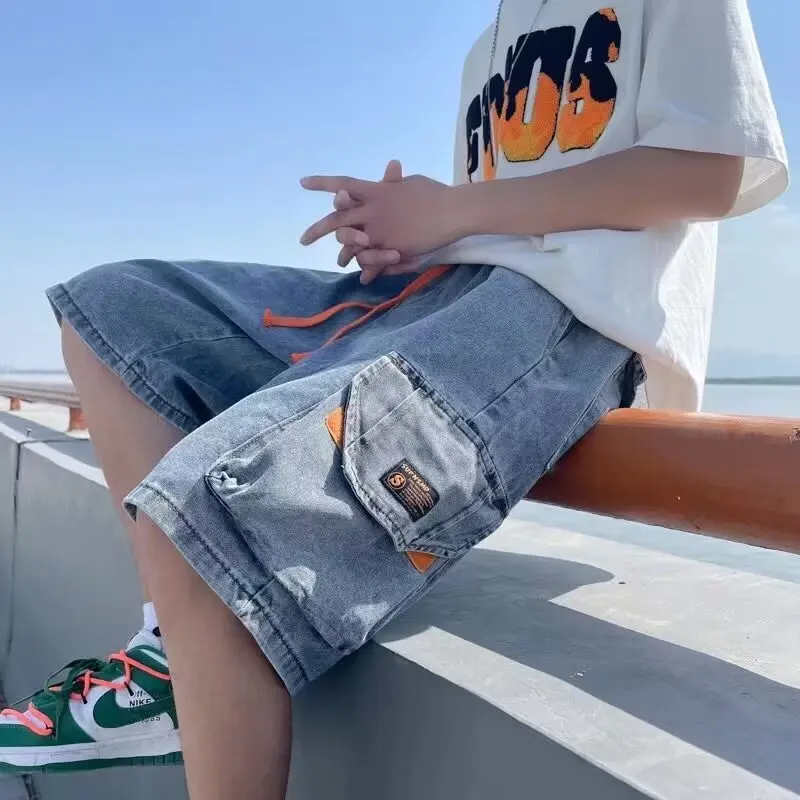 ผู้ชายฤดูร้อนกระเป๋าขนาดใหญ่ Workwear Drawstring กางเกงยีนส์กางเกงขาสั้นแฟชั่น Slim ธุรกิจหลวมห้าจุดกางเกงยีนส์กางเกงขาสั้น