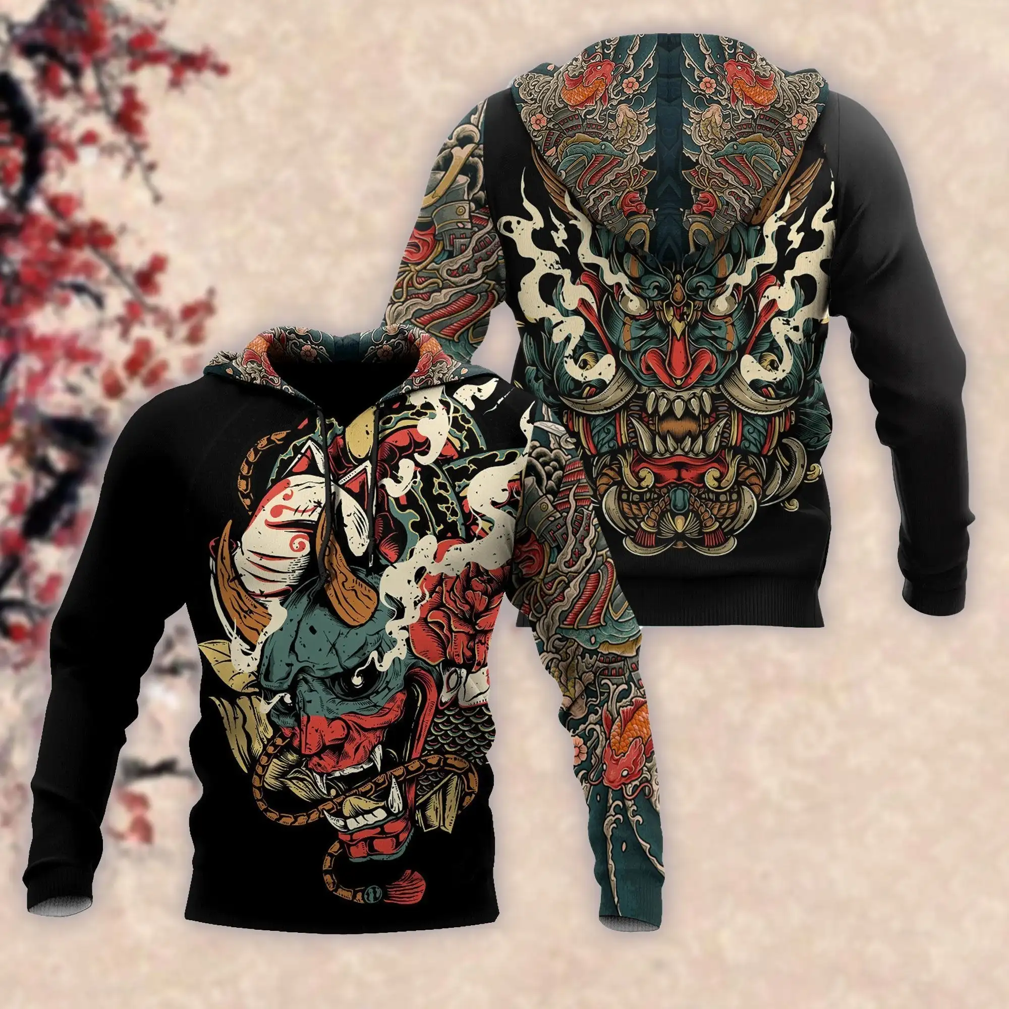 Oni Mask Samurai Tattoo Costume 3D Printed Mens Sportswear Suit hoodies & Pants Combo Autumn Unisex Casual Tracksuit LMTZ02
