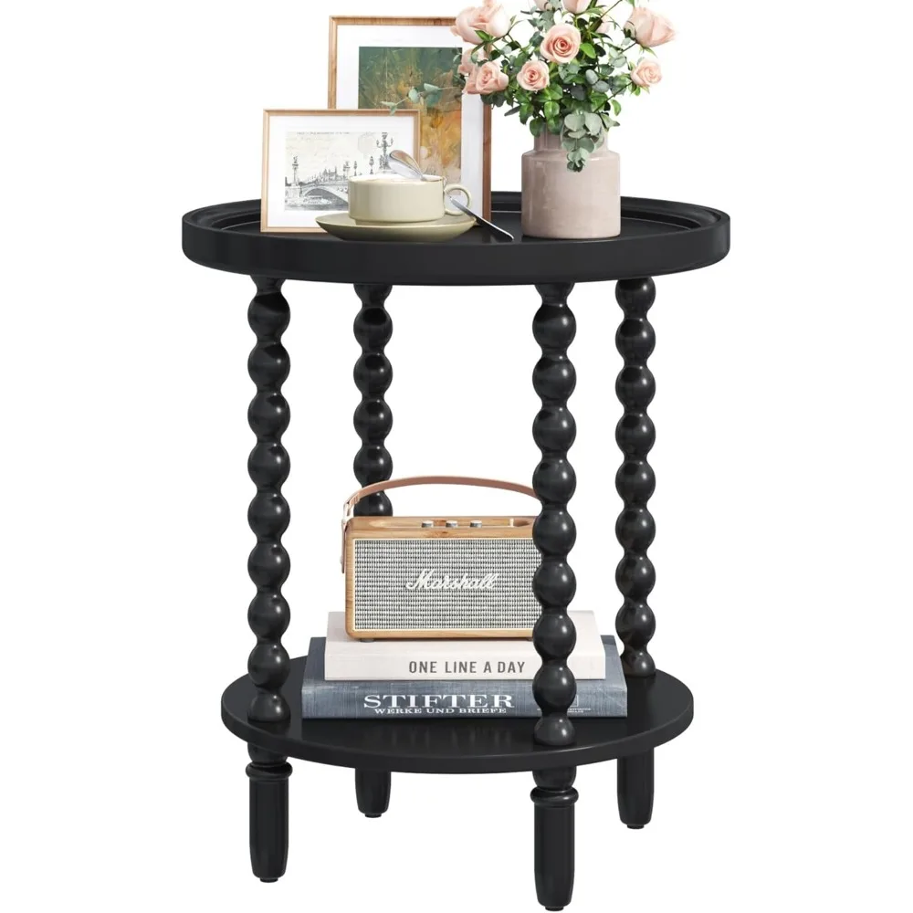 

Round End Table with Storage Shelf, 2 Tier Couch Side Table, Wood Coffee Table for Living Room, Bedroom, Black 19.3 * 19.3 * 25