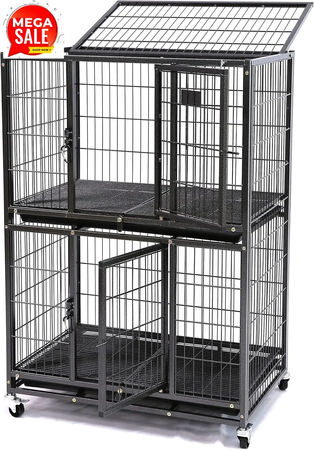 

31 Inch Stackable Heavy Duty Dog Crate Cage Kennel with Four Lockable Wheels, Removable Tray, Escape Proof Wire Drop Dog Crates