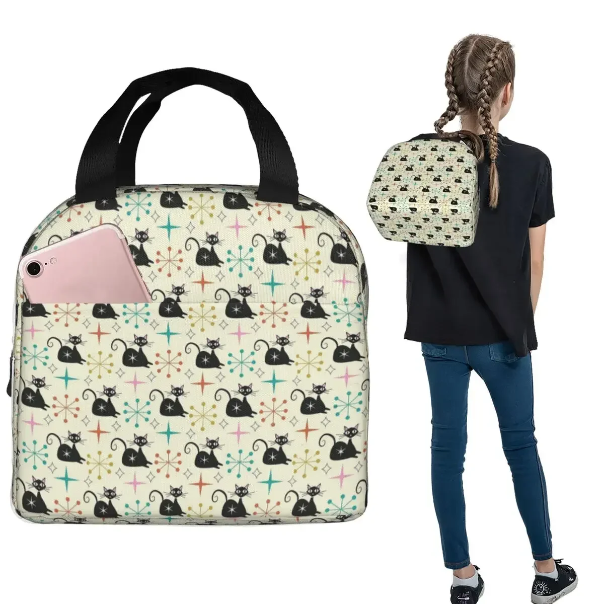 Mid Century Black Atomic Cat With Starbursts Insulated Lunch Bag for Women Children Portable Food Boxes Thermal Lunch Box Tote