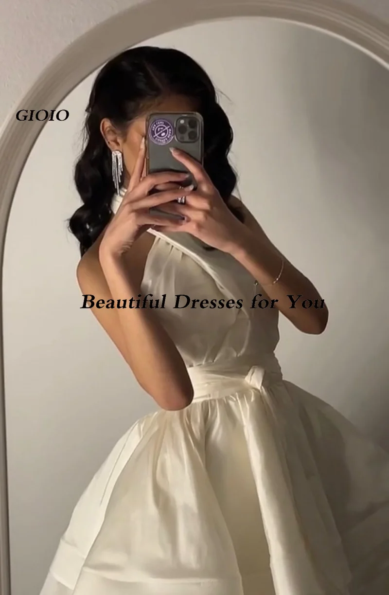 Halter Satin Pleat Vinatge Formal Evening Gowns Sleeveless فساتين سهرة Bow Luxury Tiered Tea Length Prom Dresses Party Women