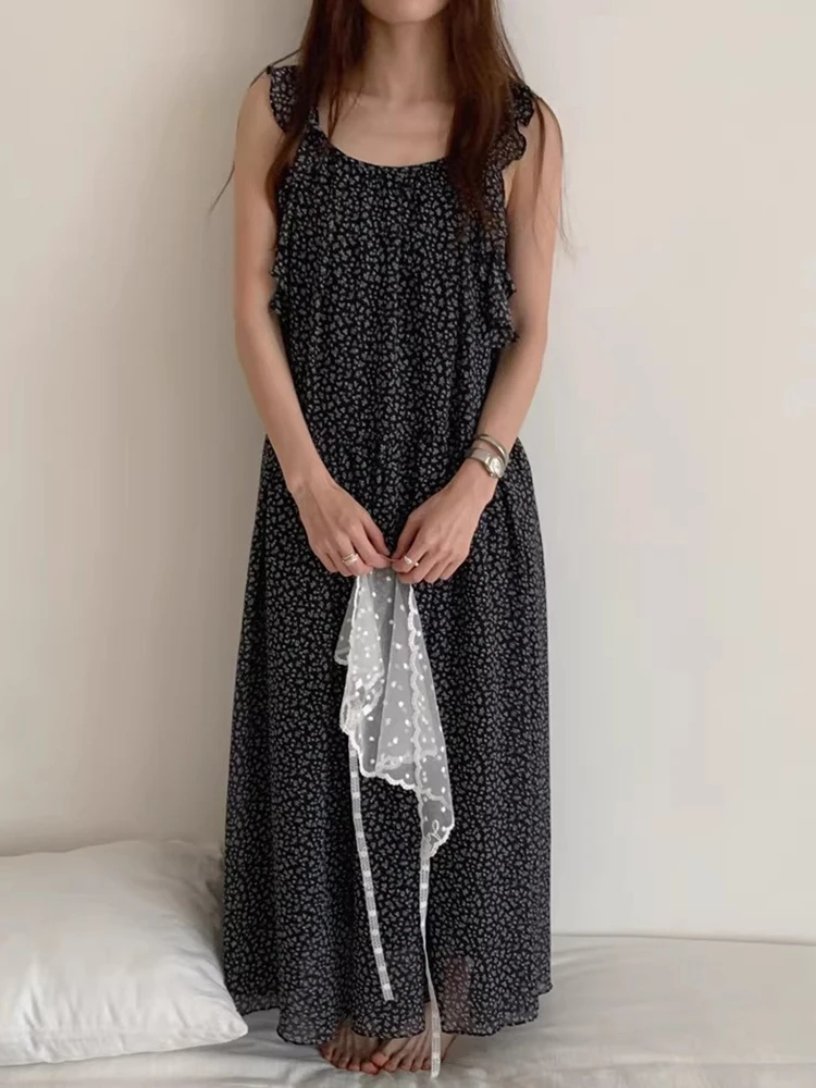 Retro Chic Sommer Floral Print Off Oulder Rüschen Saum Weste Dr frauen Lose Taille Koreanische Sle Langen Rock ohne Sve