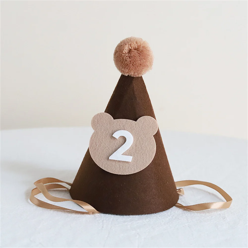 1Pcs Cute Bear Birthday Hat Brown Thick Non-Woven Bear Hat 1st 2nd 3rd Year Old Baby Cap The First One 2 3 Year Party Supplies