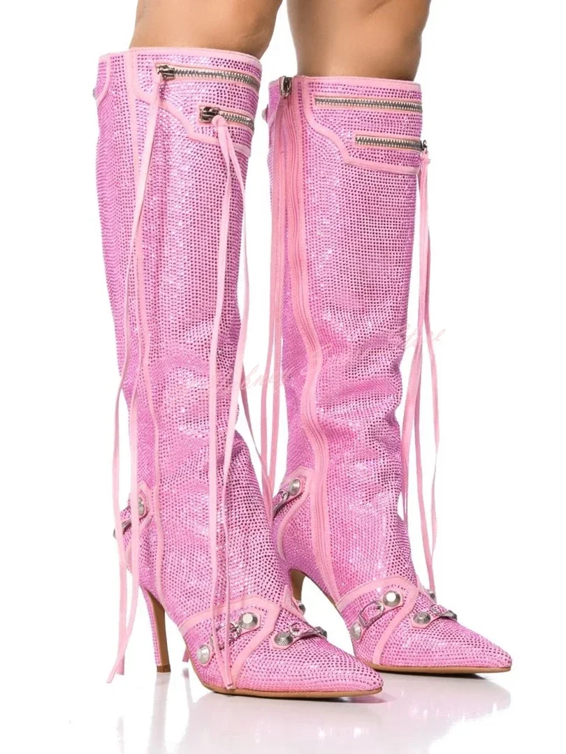 

Crystal Stud Straps Fringe Boots Pointed Toe Solid Stiletto Heels Knee High Boots Zipper Bling Designer Women Sexy Shoes Winter