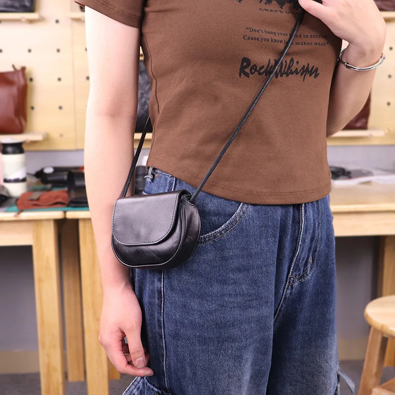 Vintage Vegetable-Tanned Leather Card Holder Coin Purse Genuine Cowhide Crossbody Bag Women's Cute Daily Essentials