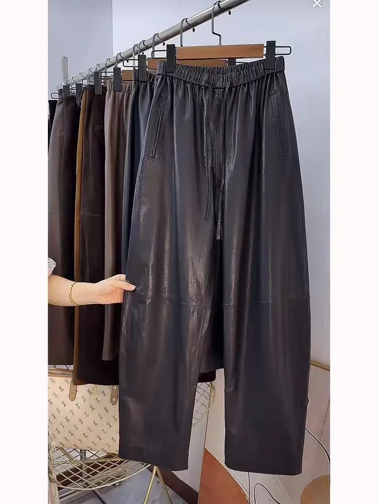 Fashion 2025 Genuine Leather Wide Leg Pants High Quality Women Elastic Waist Drawstring Trousers