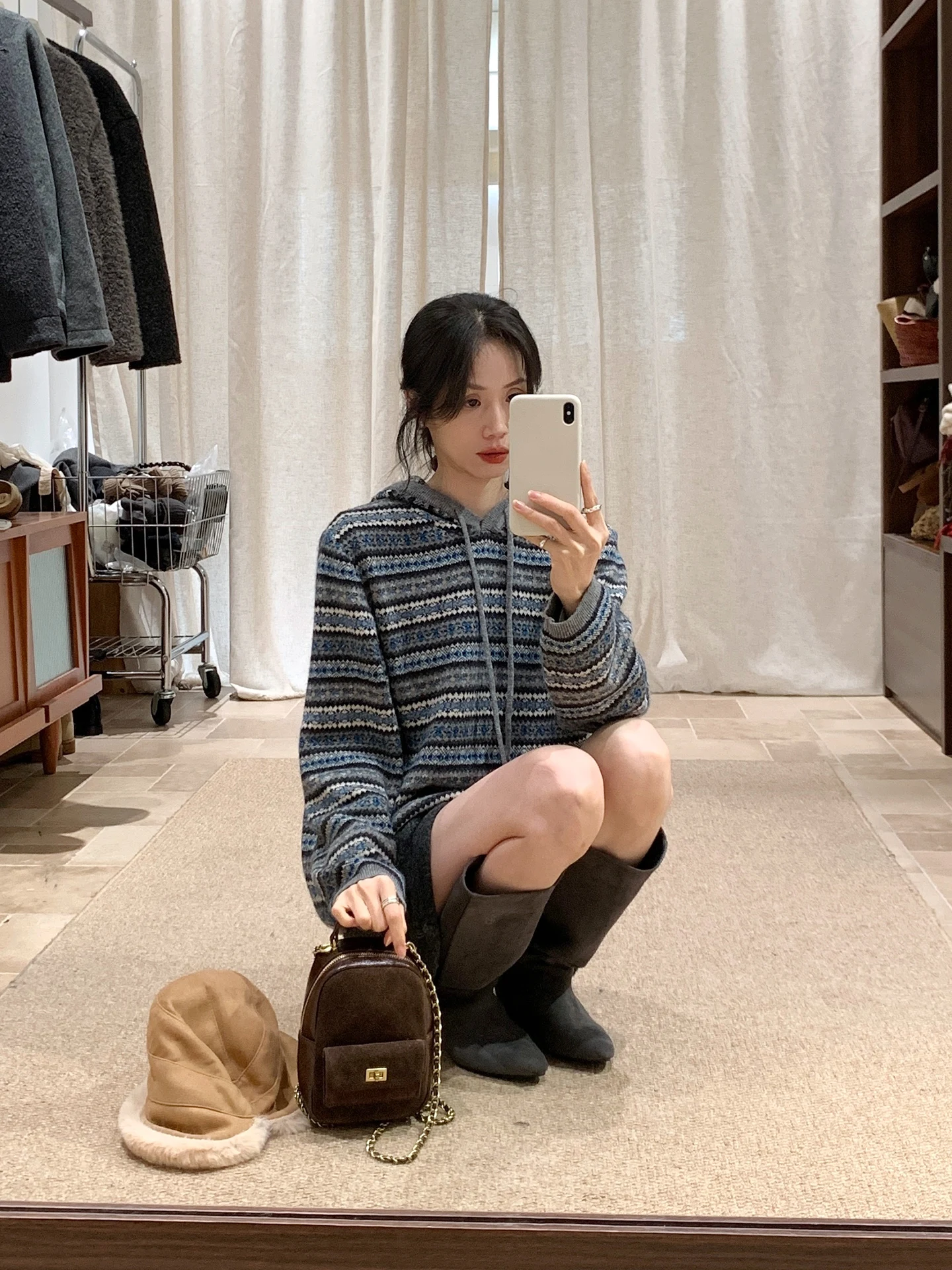 

Korean Sle Fair Isle Patterned Hoodie Women's Knitted Sweater Color Blo Design Loose Fit Long Sve Autumn Winter Top