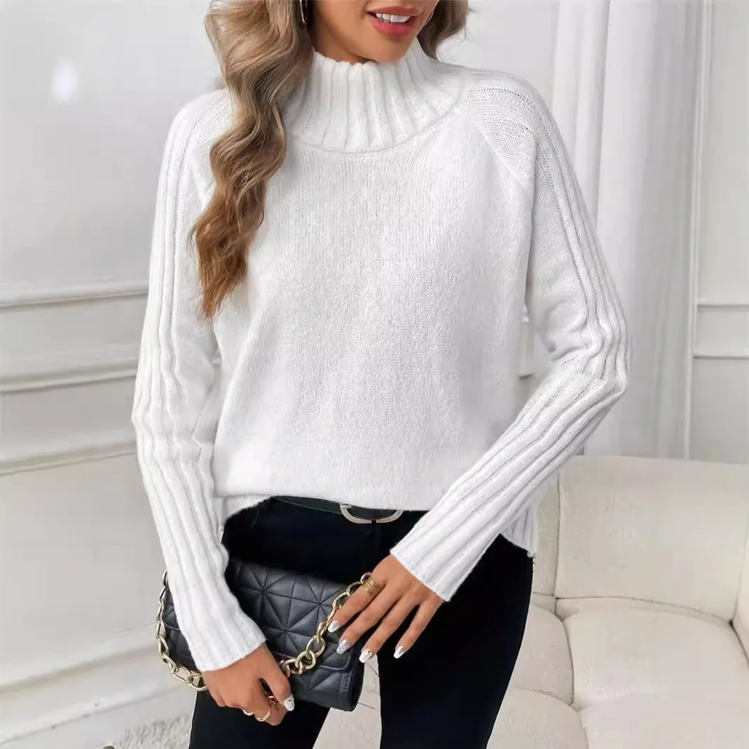 

European and American fashion women's solid color Joker pullover shoulder long sleeve sweater autumn and winter turtleneck top
