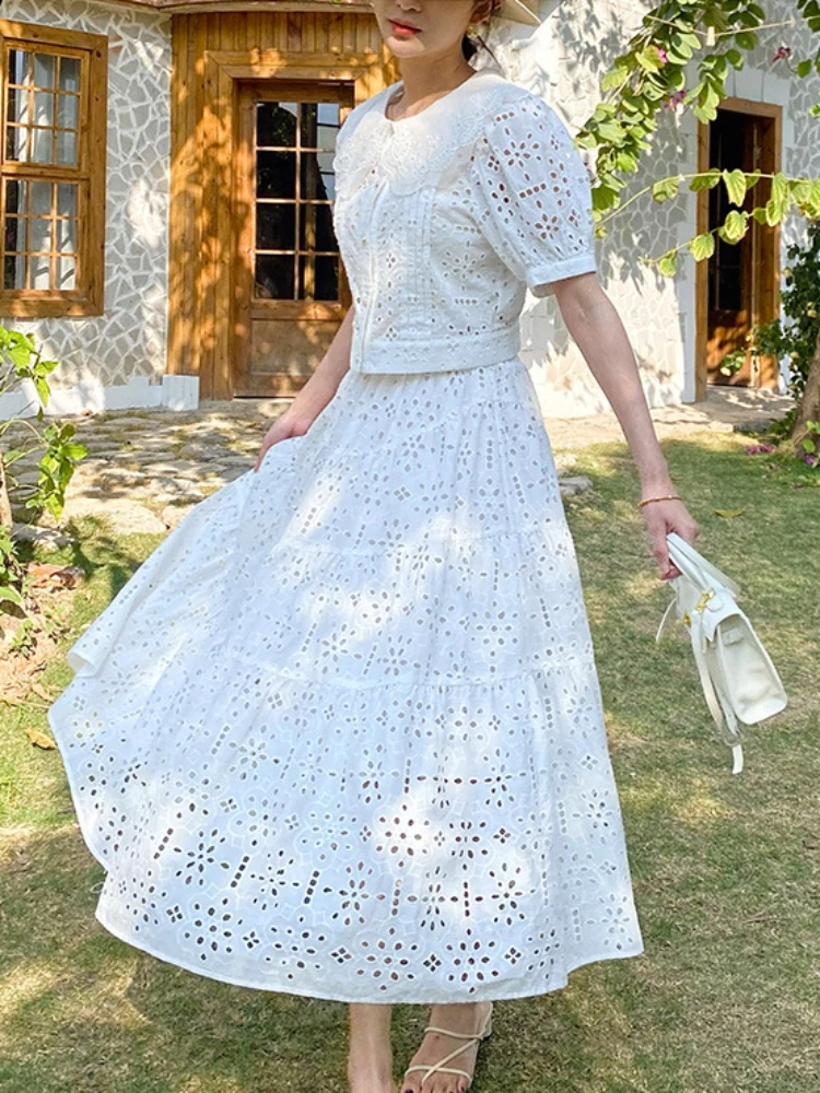 Vintage Elegant Embroidered Hollow Out Skirt Set 2 Pices Set Holiday Casual Skirt Suit 2024 Spring/Summer Woman Clothing