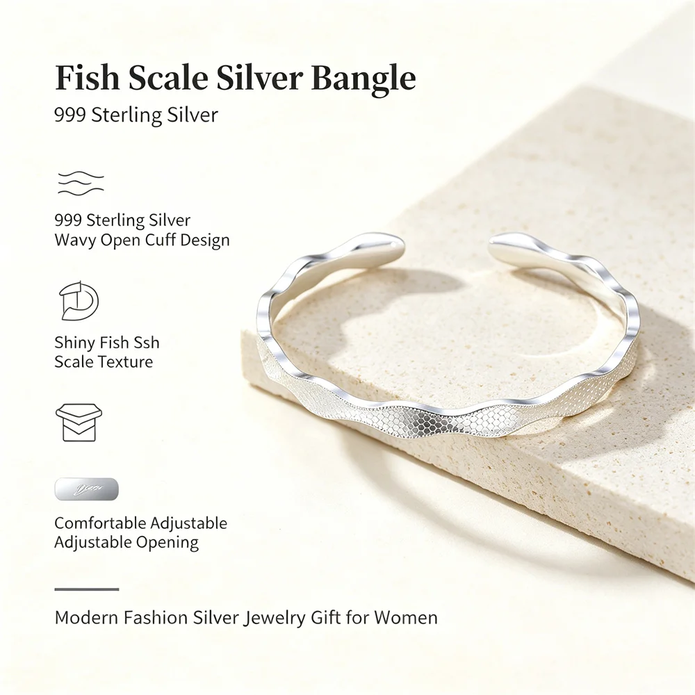 999 Fine Silver Wave Open Cuff Bangle for Women Delicate Fish‑scale Textured Silver Fashion Adjustable Wrist Jewelry Gift