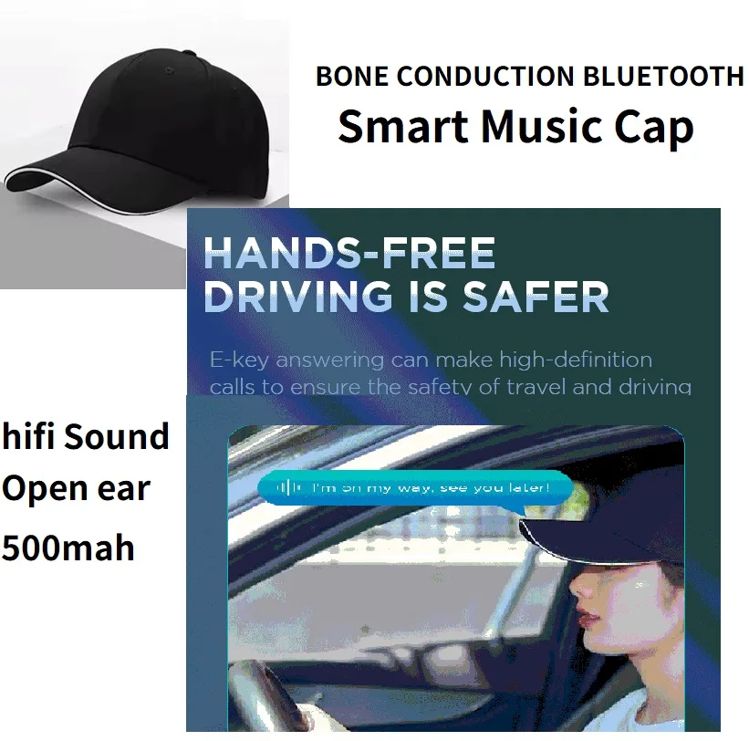 

Bluetooth кепка костной проводимости, регулируемая умная Bluetooth-шляпа, беспроводная умная бейсболка для занятий спортом на открытом воздухе, музыкальная бейсболка унисекс с открытым ухом