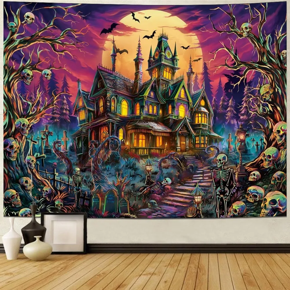 Blacklight Halloween Horror Fluorescent Tapestry UV Reaction Luminescence Halloween Mural Art Decoration Gothic Castle