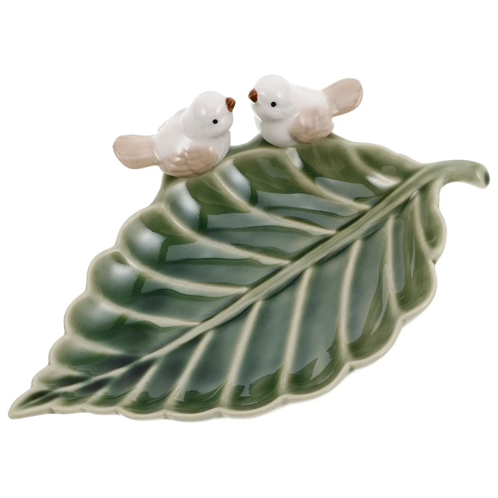 Whimsical Ceramic Leaf Shaped Jewelry Tray with Bird Motif Ring Dish Necklace Holder Decorative Vanity Organizer Small Trinket