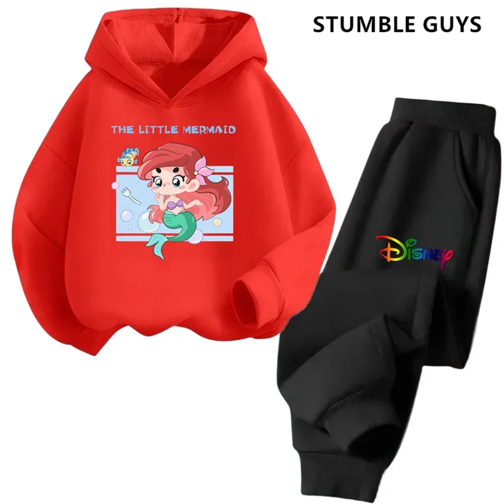 Disney The Little Mermaid Hoodie Set Girls Cartoon 3-14 Years Old Kawaii Street Casual Kids Sweatshirt Children\'s Trucksuit