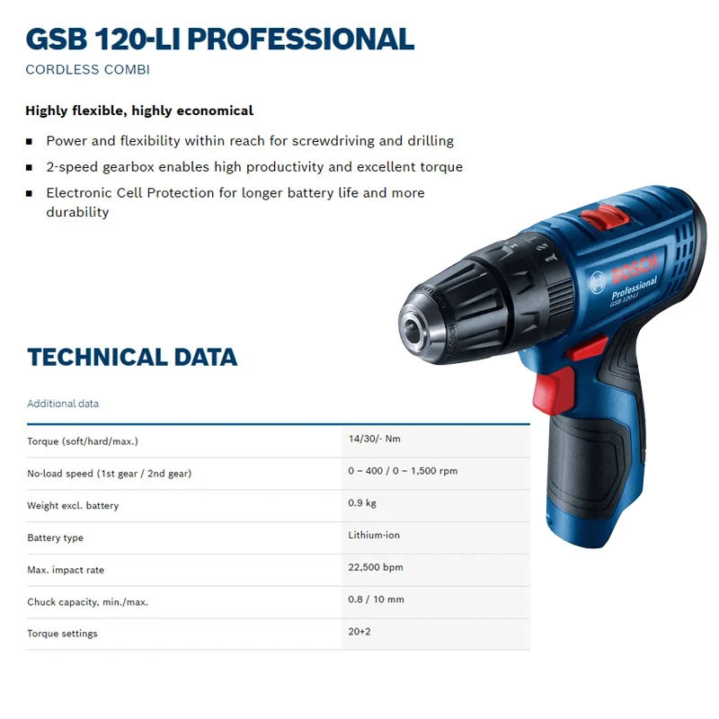 BOSCH GSB 120-Li Impact Drill/Driver 12V Compact Multi-Function Rechargeable Lightweight Electric Screwdriver Bare Tool