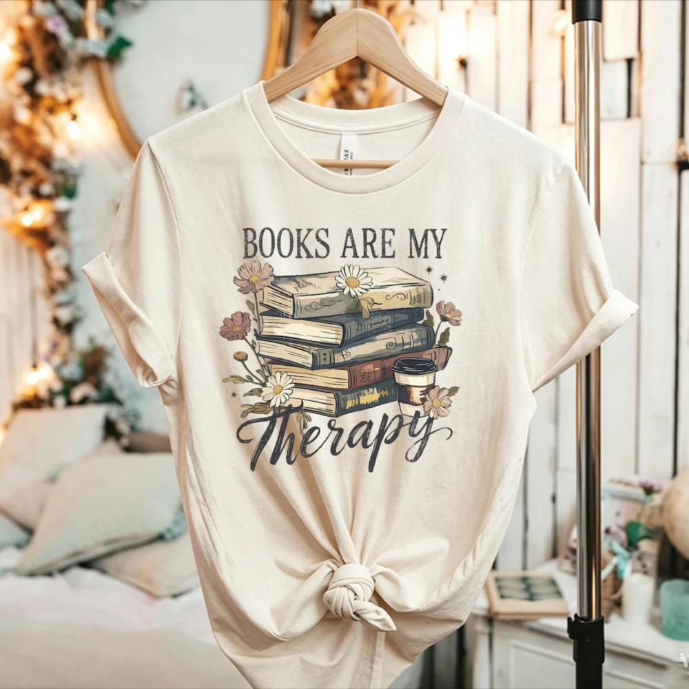 Cozy Bookish Sweatshirt for Women Men Books Are My Therapy Floral Print Coffee Cup Reading Gift Crew Neck Relaxed Fit Book Lover