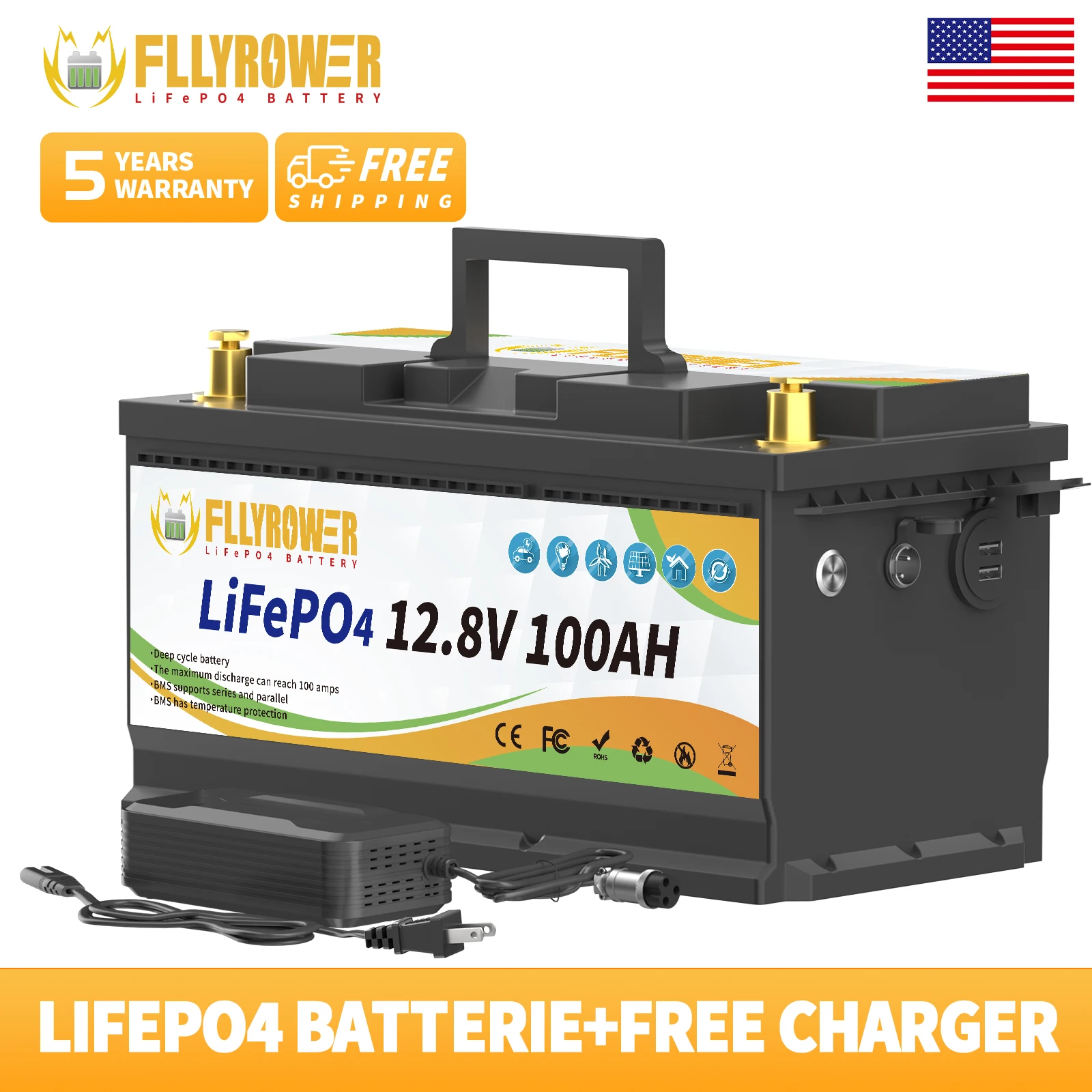 FLLYROWER 12V 100Ah LiFePo4 Battery Pack With Charger For 100A BMS For RV Boat Motor Inverter Solar Powerlar Wind Charger Lithium Battery
