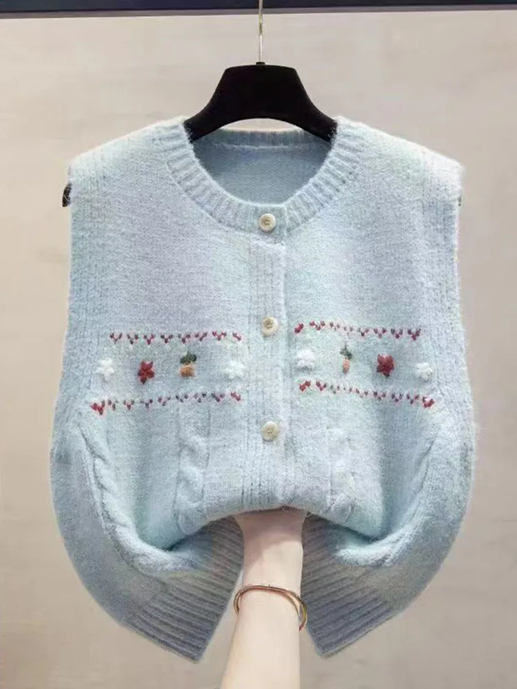 Retro Embroidered Flower round Ne Knitted Vest Women's Svel Open Cardigan New Sle High Faion Layered Top