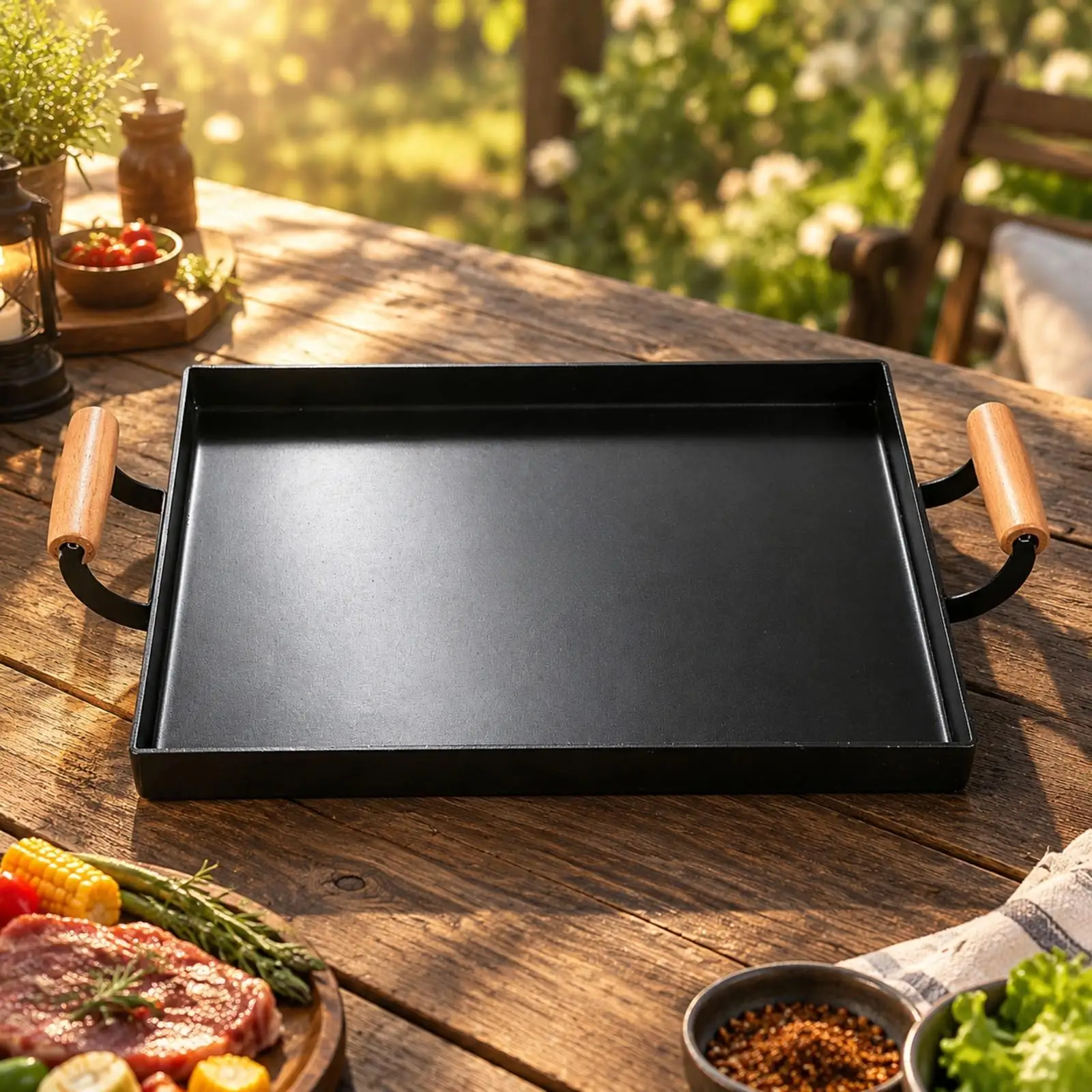 Multipurpose Iron Griddle Pan Rectangular Design for Home Kitchen Cooking with Wooden Handles and Flat Surface