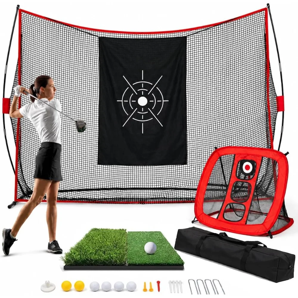 Filet de golf portable 10x7 pieds, kit d'entraînement de golf pour extérieur et intérieur, aides à l'entraînement de golf, cadeaux, cibles de chipping, tapis de gazon, 8 tees, 6 balles et sac de transport