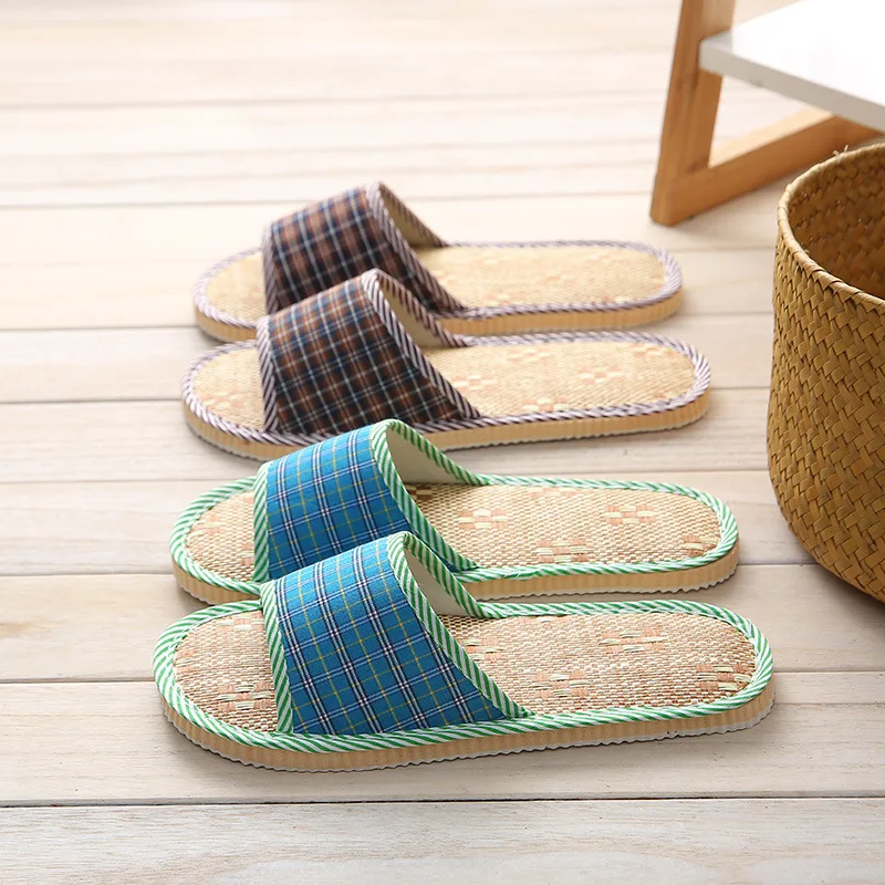 Indoor Slippers Grass Mat Home Guest Wooden Floor Hotel Feature Foam Soft Bottom Autumn Winter Linen Inn Flat Toe EVA Bottom view 4