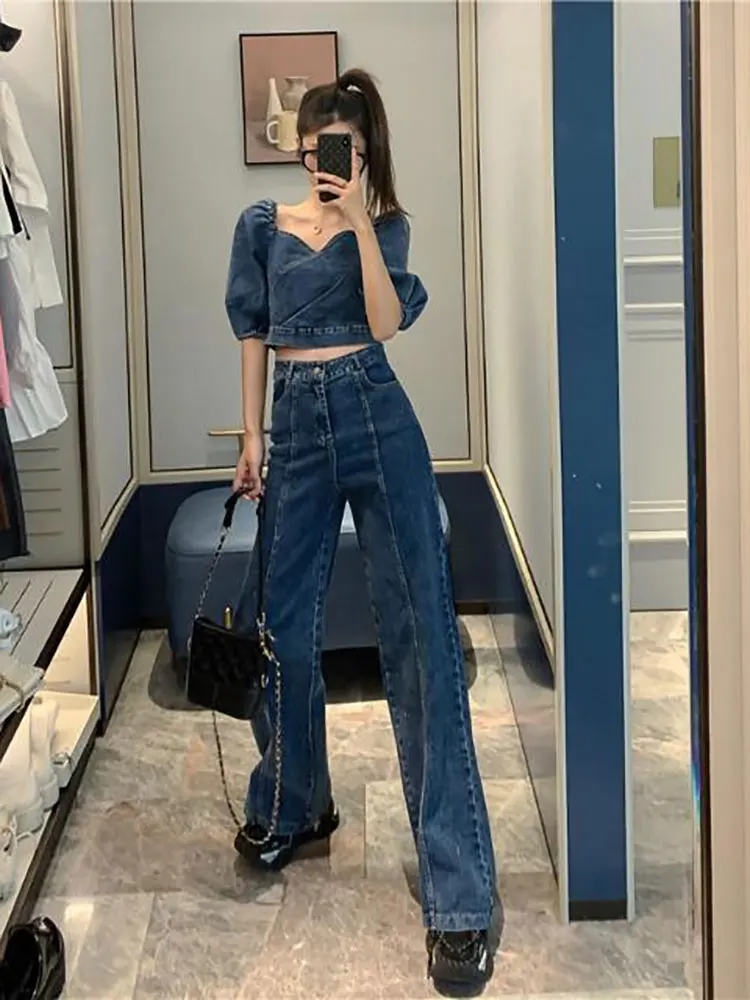 High Street Style Denim Suit Women's Denim Sets Autumn New Short Camisole Tops + High Waist Wide Leg Pants Two-piece Suit Trend