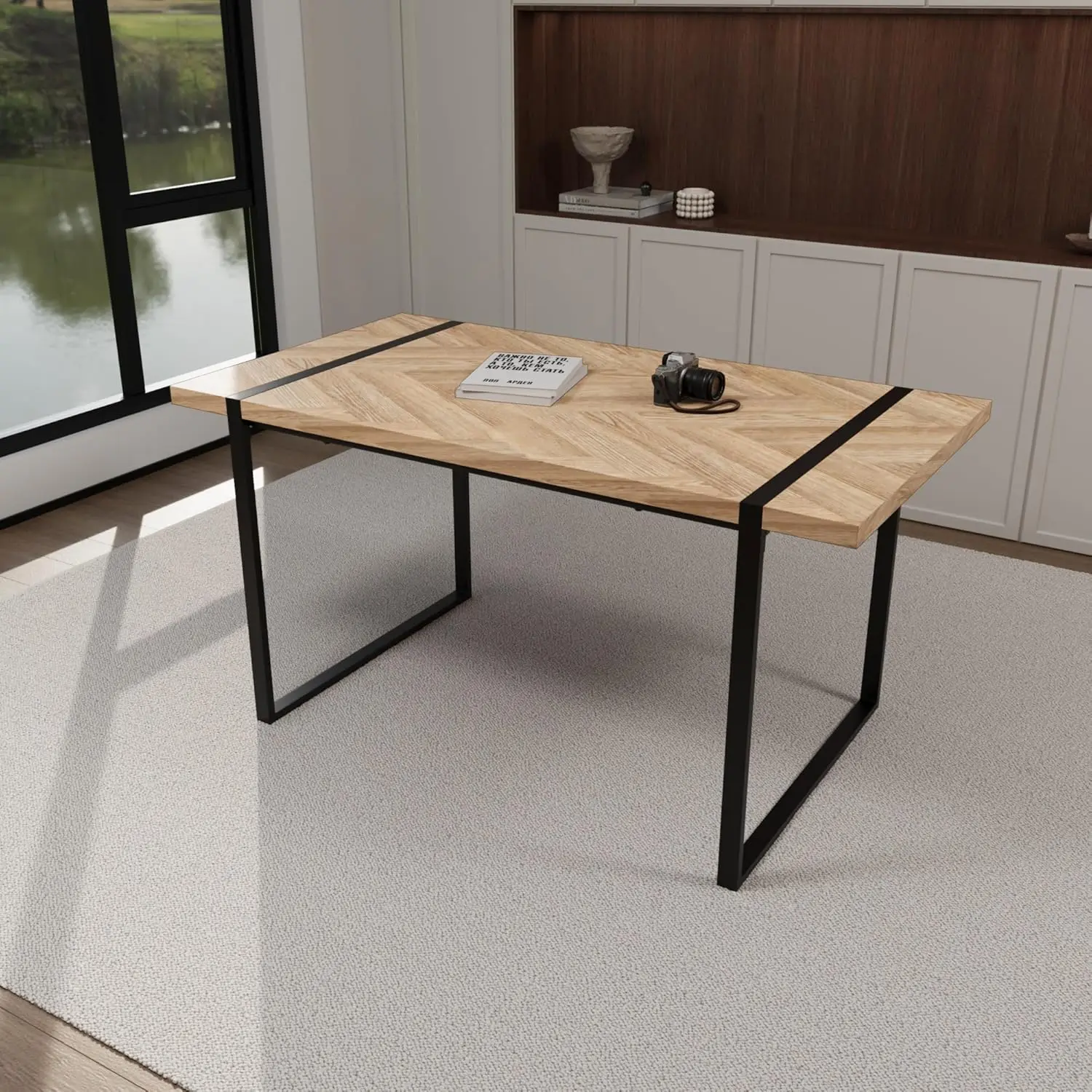 59"" Mdf Light Wood Dining Table Set, Modern Dining Chairs W/Suede Upholstery, Rectangular Metal Base, Farmhouse Kitchen