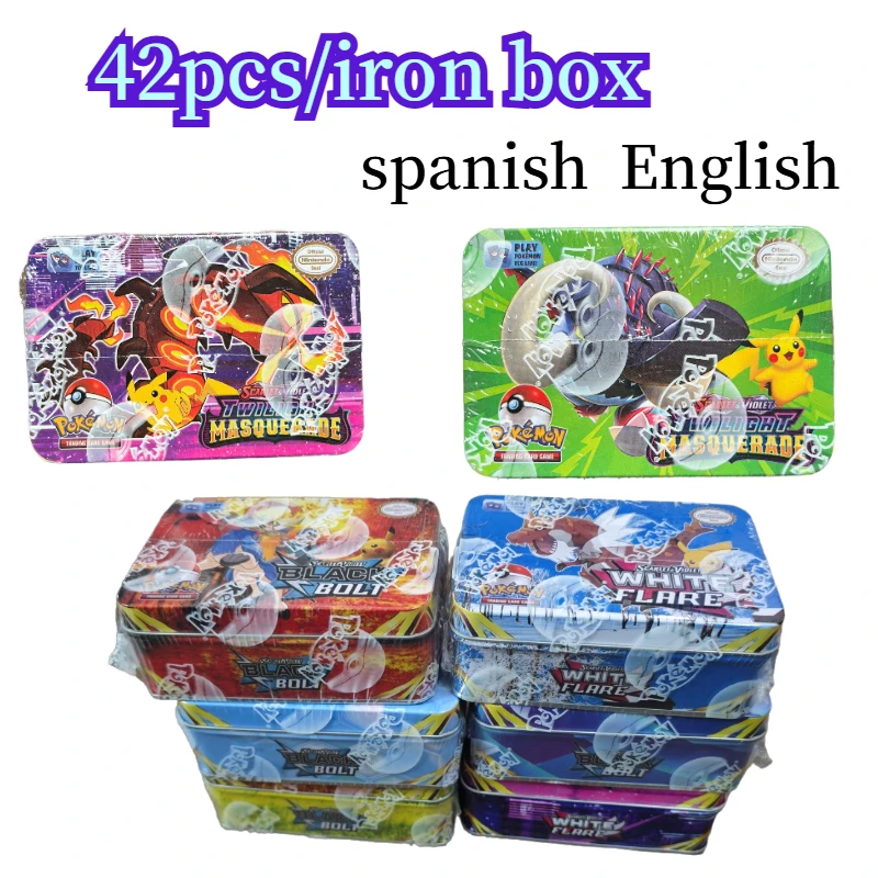42pcs/set Iron Box English Spanish Pokemon Battle Cards Toys White Flare Black Bolt Pikachu Game Anime Bank Cards Battle Cards