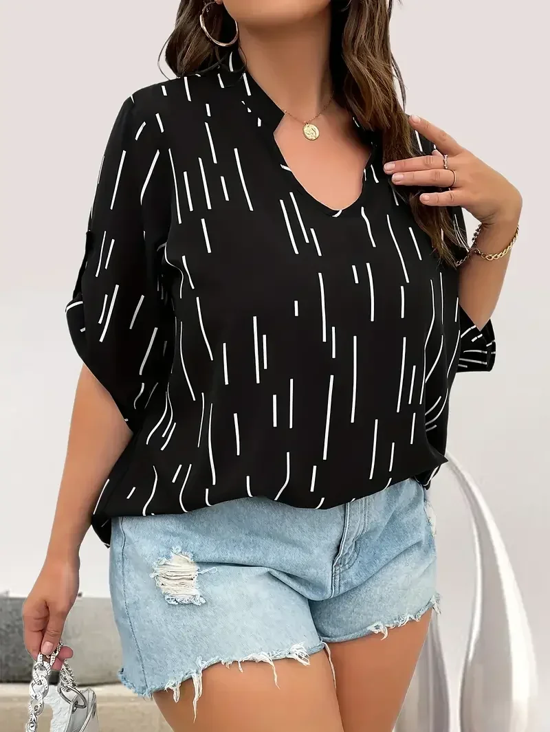 New Women\'s Plus Size 1XL-5XL Fashion Striped V-Neck Blouse Ladies Spring Casual Short Sleeve Top with Flattering Fit Shirt