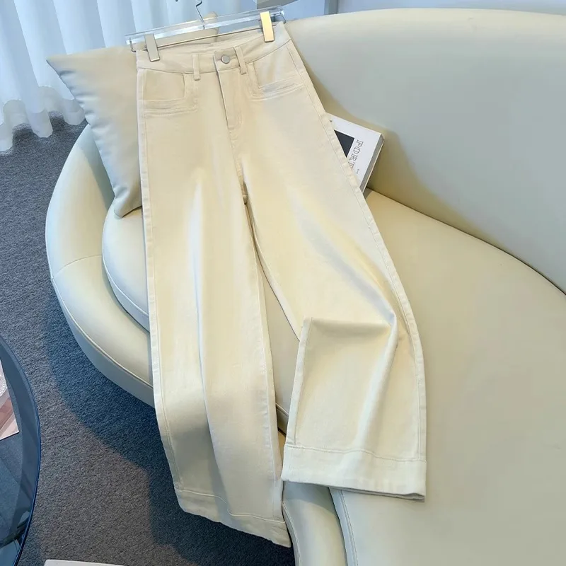 

Solid Color Wide Leg Jeans Women's New Spring Autumn Style High Waist Straight Cut Denim Pure Color Trendy Nine Cent Pants